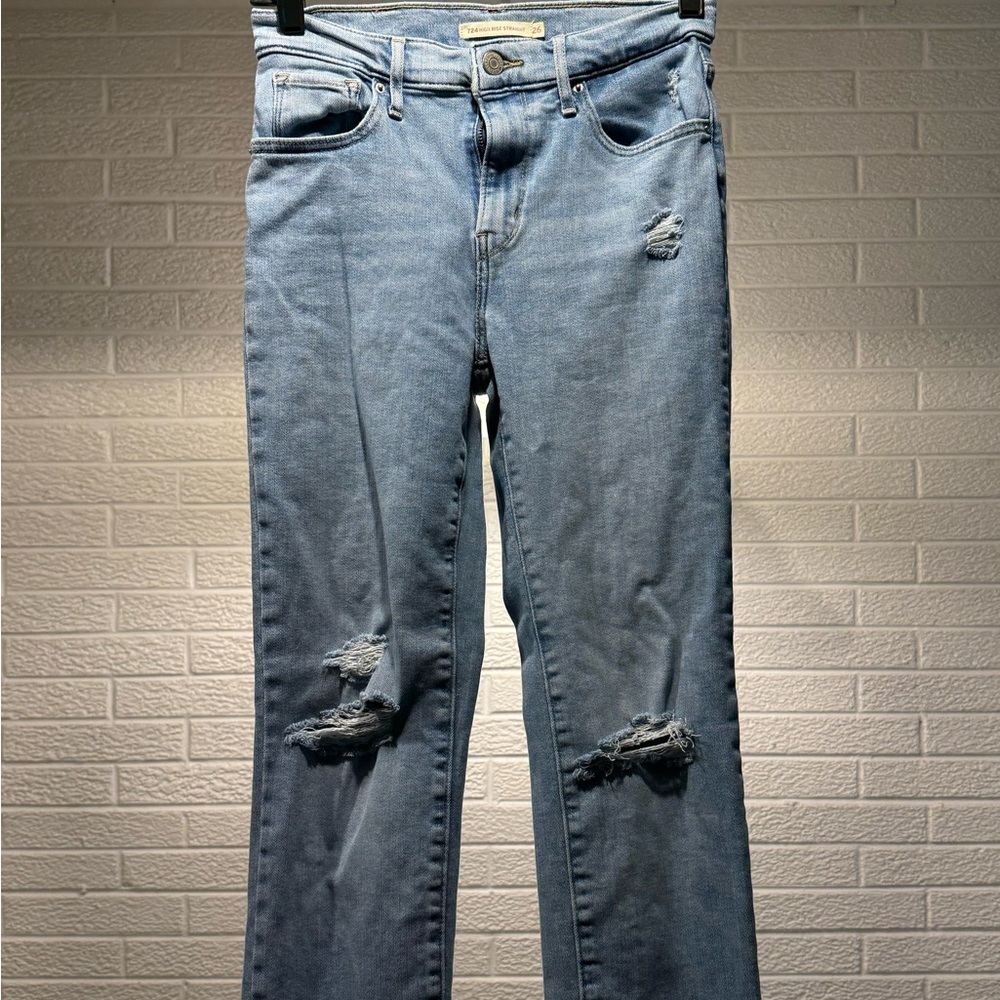Levi's Blue Straight Leg Jeans with Distressed Knees